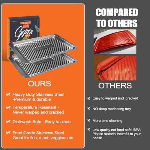 Grilling Prep and Serve Trays, Set of 2 Stackable Stainless Steel BBQ Tray, Standard Marinating Container, Serving Platter for Plating Food, BBQ Prep Tub for Marinating Meats, Grill Accessories