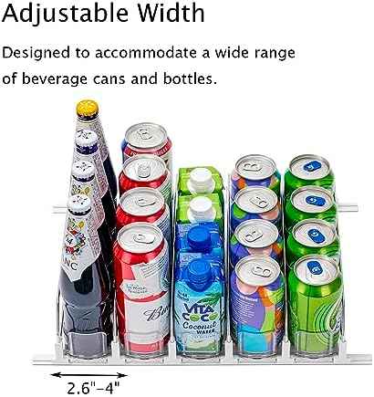 Drink Organizer for Fridge, Self-Pushing Soda Can Organizer for Counter Refrigerator, Width Adjustable Pusher Glide, White, 12”depth-5rows