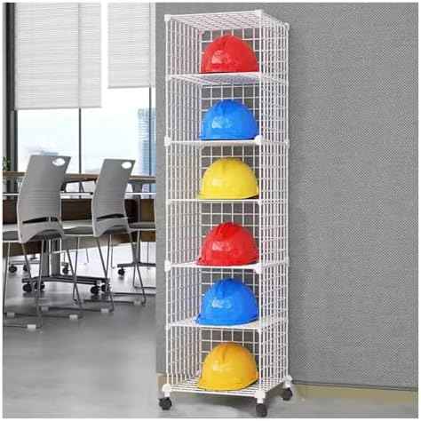Stackable Safety Helmet Storage Boxes with Wheels, Large Adjustable Hard Hat Placement Organizer Rack, Construction Sites/Workshop/Retail Store,White-6 Grids(39x37x146cm)