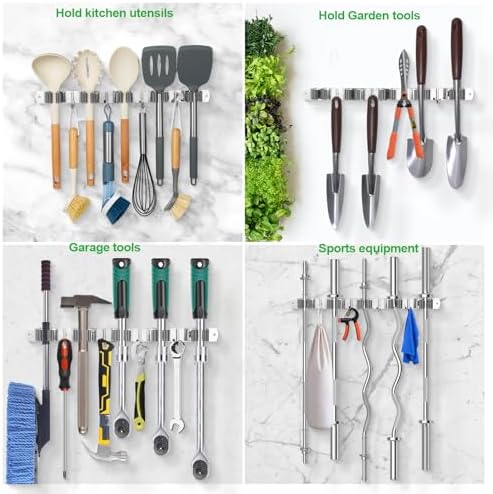 voze 5 Racks and 4 Hooks Mop and Broom Holder Wall Mount, Self Adhesive Heavy Duty Broom Hanger Organizer Storage Tool Racks for Kitchen Garden Laundry Garage