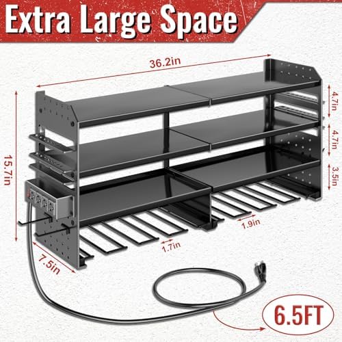 Large Power Tool Organizer Wall Mount with Charging Station, 4 Layer Heavy Duty Metal Cordless Tool Organizer, Tool Storage Rack with 8 Cordless Drill Holder Screwdriver Hammer(Black)