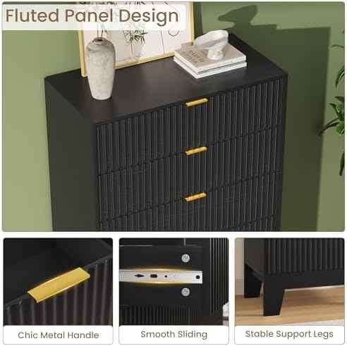 5 Drawer Dresser for Bedroom, 47" Tall Fluted Chest of Drawers, Black
