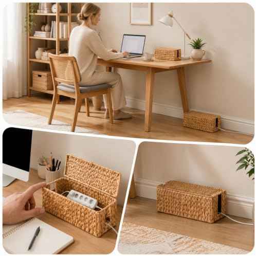 2 Pack Rattan Cable Management Box with Lid & 2 Side Open Slots