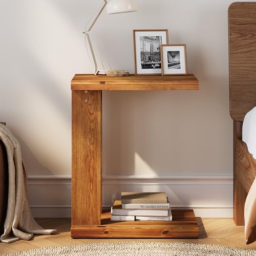 Solid Wood C-Shaped End Table, Wooden Side Table for Sofa, 2-Tier Bedside Nightstand for Living Room, Bedroom