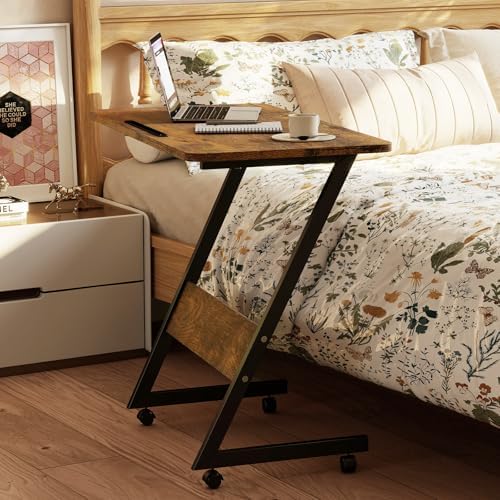 Funecy Overbed Bedside Table with Wheels,Small Desk Portable Rolling,Overbed Table Home Use, Portable Computer Desk,Movable Desk (Rustic Brown)