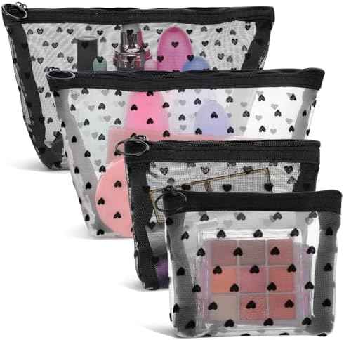 4 PCS Heart Printed Mesh Makeup Bag Set, White & Black Mesh Makeup Bag with Zipper Lipstick Accessories Organizer Mini Travel Organizer Bags for Women(2 Small 2 Medium)