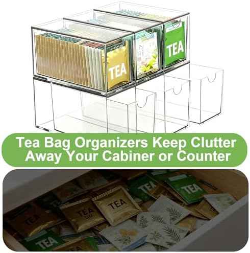 4 Pack Stackable Tea Bag Storage Organizer Drawers – Clear Acrylic Tea Bag Holder for Cabinet, Drawer, Pantry, Countertop – Kitchen Tea Storage Container