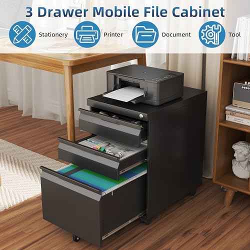 3 Drawer Mobile File Cabinet with Lock, Metal Small Filing Cabinets for Home Office Organizer,Rolling Filing Cabinets Under Desk Storage for Letter/Legal/A4,Assembly Required,Black