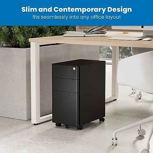 Mount-It! Slim 3 Drawer Rolling File Cabinet with Lock, Mobile Metal Filing Cabinet on Wheels for Under Desk Home & Office Storage, Letter Legal A4, Black