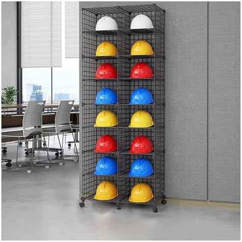 Stackable Safety Helmet Storage Boxes,Large Adjustable Hard Hat Placement Organizer Rack with Wheels,Construction Sites Workshop Retail Store Helmet Display Shelf Black 16 Grids
