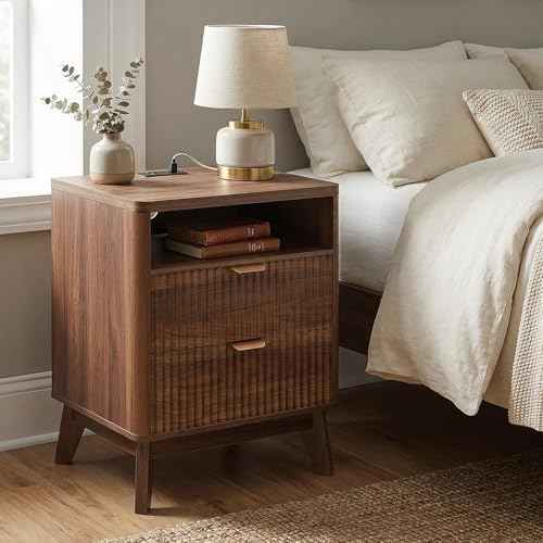 LYNCOHOME Fluted Nightstand with Charging Station, 19.7 inch Wide End Table with 2 Drawers, Modern Wood Bedside Table for Bedroom,Brown,1 Pcs