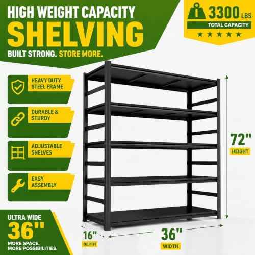 Garage Shelving, 3300 LBS Storage Shelves with Side Guard