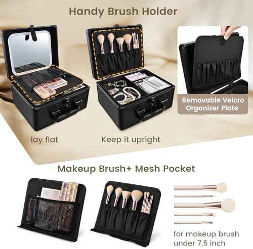 Faquenc Makeup Case with Lighted Vanity Mirror, Makeup Organizer Box Travel Make up Case with LED Mirror Portable Cosmetic Train Case for Countertop Lockable Makeup Suitcase with Adjustable Dividers