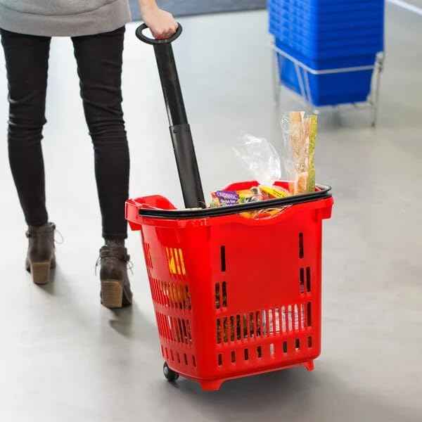 Red Plastic Shopping Basket with Wheels, 21.25x16.5 Inch, 45 lb Capacity, Telescopic Handle, Stackable Design