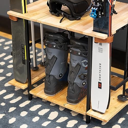 Teal Triangle Ski Storage Rack for Garage - Freestanding Ski Holders for 4 Pairs of Skis, Ski Boot, Poles, Helmet and More, Heavy Duty Steel Floor Stand Ski Organizer for Garage Basement