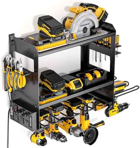 YYR Power Tool Organizer Wall Mount with Charging Station, Cordless Tools Hanger and Battery Storage Rack for Garage Organization, Heavy Duty Drill Holder Shelf Build in Metal Power Strip - Black