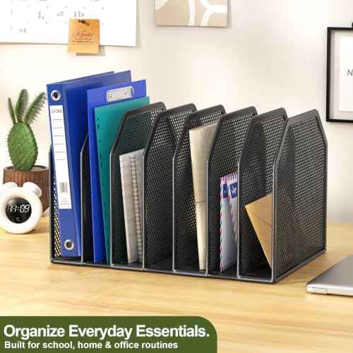 FANXIYQ Black 7-Section File Folder Organizer for Desk, Metal Vertical File Holder Stand, Desktop File Organizer Rack for Letter/A4 Folders, Papers, Books, Office Classroom Home