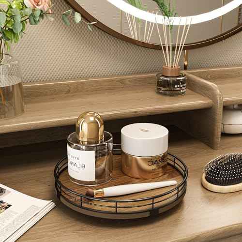 Acacia Wood 9" Bathroom Vanity Tray Turntable, Farmhouse Round