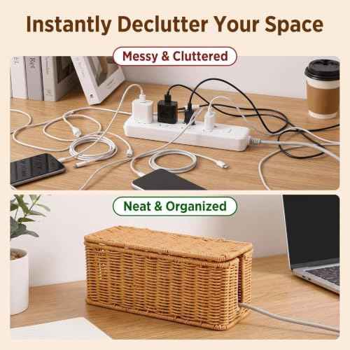 Cable Management Box Handwoven Faux Rattan Cord Basket with Lid (Rectangle)