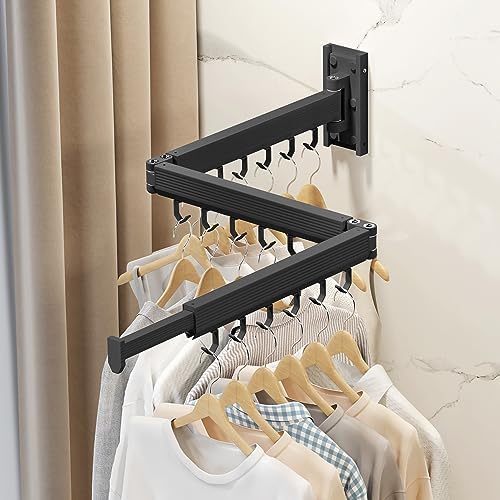 Wall Mounted Tri-Fold Clothes Drying Rack, Heavy Duty Collapsible Laundry Drying Rack, Space-Saving Retractable Foldable Drying Rack Clothes for Laundry Room Balcony Bathroom,Black-Hooks