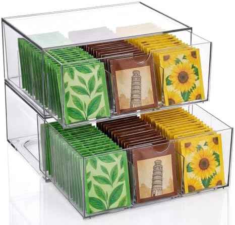 2 Pack Acrylic Tea Bag Organizer, 9 Grids Clear Tea Bag Holder, Stackable Teabag Holder Organizer, Clear Acrylic Teabag Drawer Holders for Countertop, Cabinet, Kitchen, Counter