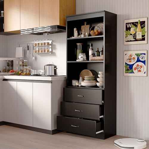 70" H Black Bookshelf with Drawers, Tall Bookcase with 3-Tier Open Shelves, Bookshelf and Bookcase with Storage Cabinet for Home Office,Living Room(Black,6-Tier)