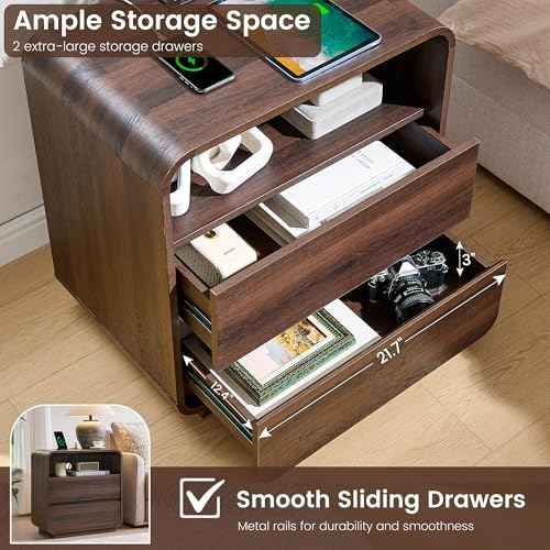 Standifurno Modern Nightstand Set of 2, 23.2" Wide Wood Bedside Table with Charging Station, 2 Storage Drawers Side Table Curved Profile, Handleless, Large End Table Night Stand for Bedroom, Walnut