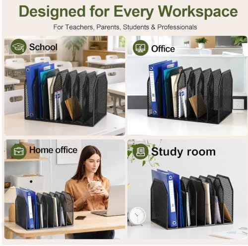 FANXIYQ Black 7-Section File Folder Organizer for Desk, Metal Vertical File Holder Stand, Desktop File Organizer Rack for Letter/A4 Folders, Papers, Books, Office Classroom Home