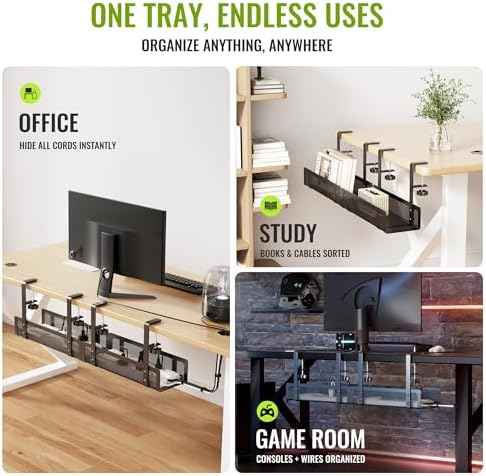 [Upgraded] 2 Pack Cable Management Under Desk Tray, Xpatee 27.6" No Drill Open Slots Cable Management Tray, Cord Wire Organizer Box with Clamp for Table Thickness up to 3" - No Desk Damage(Black)