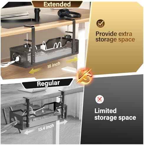 Under Desk Cable Management Large, Cinati 16" Cable Management Box for Table Thickness up to 3", Wire Cord Organizer with Clamp No Drill, No Damage to Desk (Black)