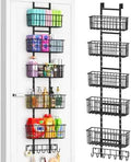 Hongtamoya Adjustable Over the Door Organizer, Metal Hanging Door Organizer with 5 Wire Basket 7 Hooks, Wall Mounted Shelf for Pantry Laundry Organization and Storage, Black