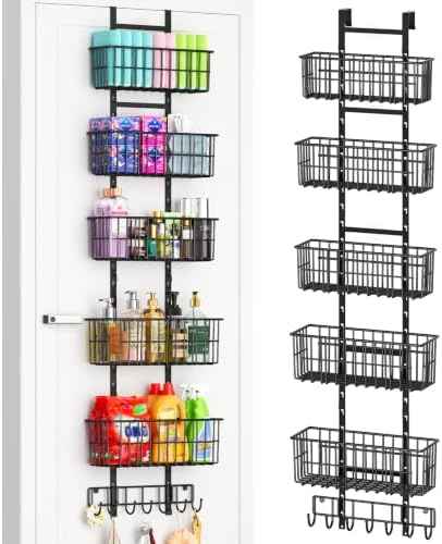 Hongtamoya Adjustable Over the Door Organizer, Metal Hanging Door Organizer with 5 Wire Basket 7 Hooks, Wall Mounted Shelf for Pantry Laundry Organization and Storage, Black