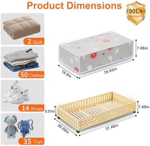 Bamboo Under Bed Storage Containers with Wheels, 40L UnderBed Drawers with Dust Bag, Breathable Under Bed Shoe Storage, Rolling UnderBed Clothes Storage, 2Pack
