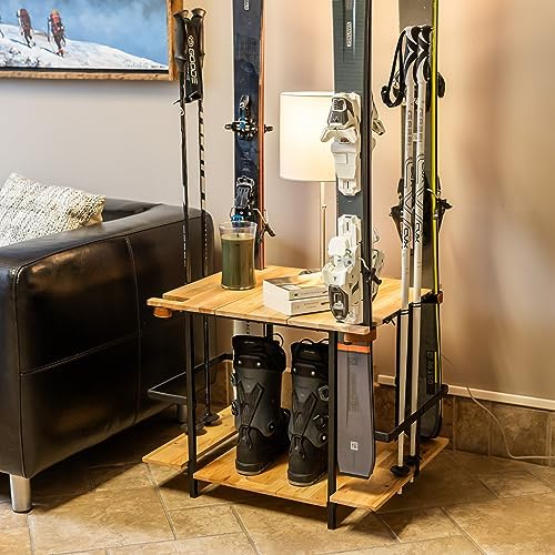 Teal Triangle Ski Storage Rack for Garage - Freestanding Ski Holders for 4 Pairs of Skis, Ski Boot, Poles, Helmet and More, Heavy Duty Steel Floor Stand Ski Organizer for Garage Basement