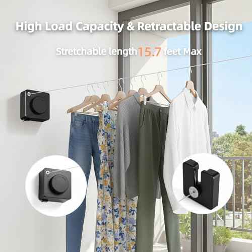 15.7Ft Retractable Clothesline Indoor & Outdoor, Heavy Duty Anti-Sag Wall Mounted Stainless Steel Laundry Drying Line for Balcony, Laundry Room, Bathroom, Motorhome, Dormitory, Travel