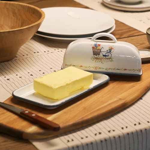 Enamel Butter Dish with Lid Vintage Enamelware Butter Keeper with