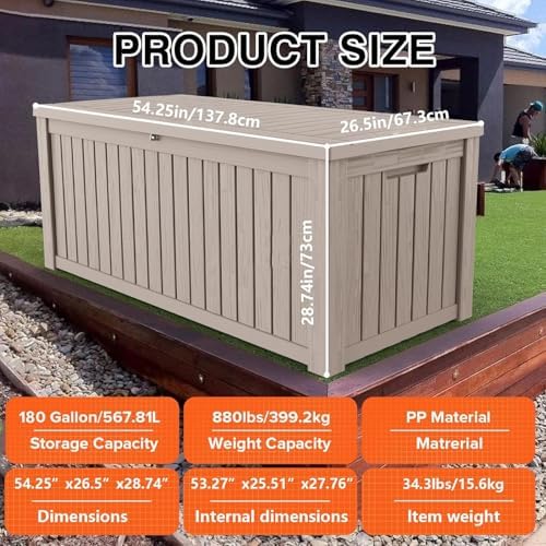 180 Gallon Outdoor Storage Box Patio Deck Box Waterproof, Resin Lockable Outside Large Storage Bin for Pool Cushion Furniture, Garden Tools UV-Resistant, Grey
