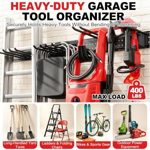 Garage Tool Organizer Wall Mount 49.5 inches with 10 Adjustable Heavy-Duty Hooks, Garage Organization, Garden Tool Storage Rack, Yard, and Shed, Holds Up to 400 lbs