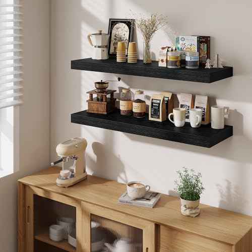 Fun Memories Floating Shelves for Wall, 40 Inch Floating Shelf for Home Decor, Wall Mounted Rustic Wood Shelves 12 Inch Deep, Hanging Deep Shelf for Bedroom, Living Room, Kitchen, Black, Set of 2