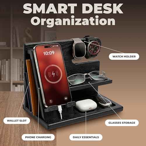 TESLYAR Wood Phone Docking Station for Men - Desktop or Nightstand Organizer - Birthday Gifts for Men, Dad - Anniversary Idea from Wife - Key Holder, Stand Wallet, Watch & Essentials (Granite Black)