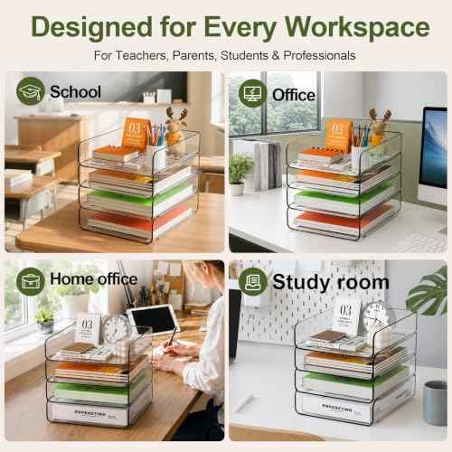 FANXIYQ 4-Tier Acrylic Paper Tray Organizer, Clear Stackable Desk File Organizer for Documents, Files, Letters, A4 Paper, Books, Notes, Mail & Paper Storage, Office Classroom Home