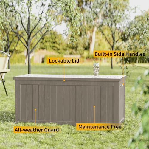 270 Gallon Outdoor Storage Box Waterproof, Lockable Resin Deck Box Large Storage Bin for Patio Furniture Cushion, Garden Tools, Pool Accessories, UV-Resistant Outside Delivery, Gray