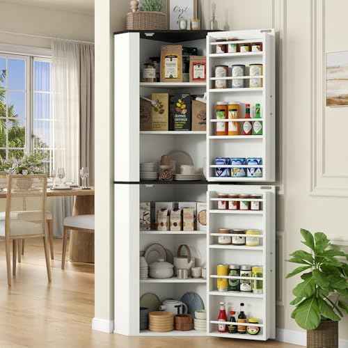 Gyfimoie Corner Kitchen Pantry, Freestanding Corner Storage Cabinet with 2 Doors & Shelves, Farmhouse Tall Food Pantry Storage Cabinet for Kitchen Dining Room (White)