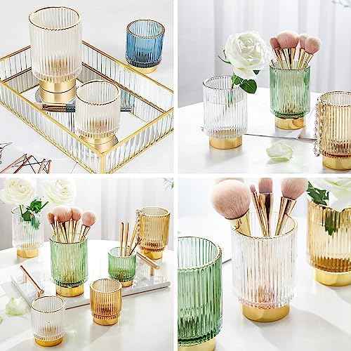 DASITON Makeup Brush holder Organizer,Crystal Cosmetic Makeup Brush Glass Brushes Storage Holder, Vintage Make Up Brush Cup Pen Pencil Holder striped vase(Clear S+L)