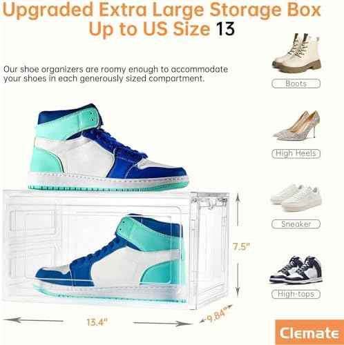 Clemate Upgraded X-Large Shoe Storage Box,8 Pack,Shoe Box Clear Plastic Stackable,Drop Front Shoe Box with Clear Door,Shoe Organizer and Shoe Containers For Sneaker Display,Fit up to US Size12