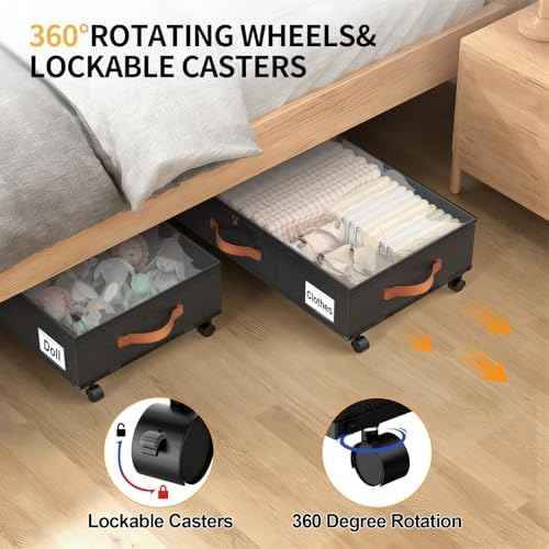 Under Bed Storage Containers with Wheels Large Underbed Shoes Blankets Clothes Toy Storage Drawers for College Dorms Bedrooms Nursery Rooms Organization (Black 2 Pack, 6.6in height(30.3"x15.7"x6.6"))