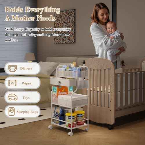Baby Diaper Caddy Cart Organizer -3 Tier, Bedside Nursery Essentials Organizer & Storage Holder for Newborn Baby Stuff, 2+1 Dividers, 1 Drawer,Rolling Utility Cart for Bedroom,Changing Table, Crib.