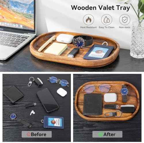 Acacia Oval Wooden Valet Tray for Men Women, Acacia Wood Serving Tray Key Dump Bedside Nightstand Dresser Organizer EDC Catch All Decorative Wooden Tray for Phone Wallet Keys Jewelry (12 x 7.9 Inch)