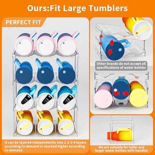 Stackable Water Bottle Organizer for Cabinet,3 Tier Water Bottle Holder for Stanley Yeti 40 oz Bottle Shelf,Clear Tumbler Storage Organizer,Wine Rack,Cup Organizer for Kitchen Cabinets Counter Pantry