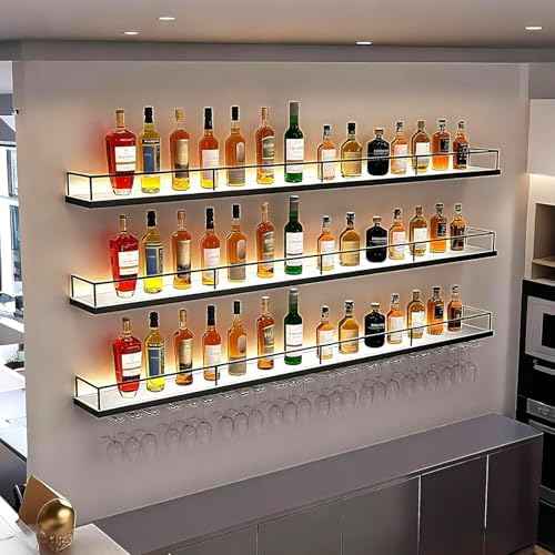 Metal Wall Mounted Wine Rack with LED Light, 3 Tiers Liquor Bottles Floating Shelves with Glass Holder, Wine Shelf Industrial Bar Shelves for Home Bar Dining (Black, 120cm/47.2in)